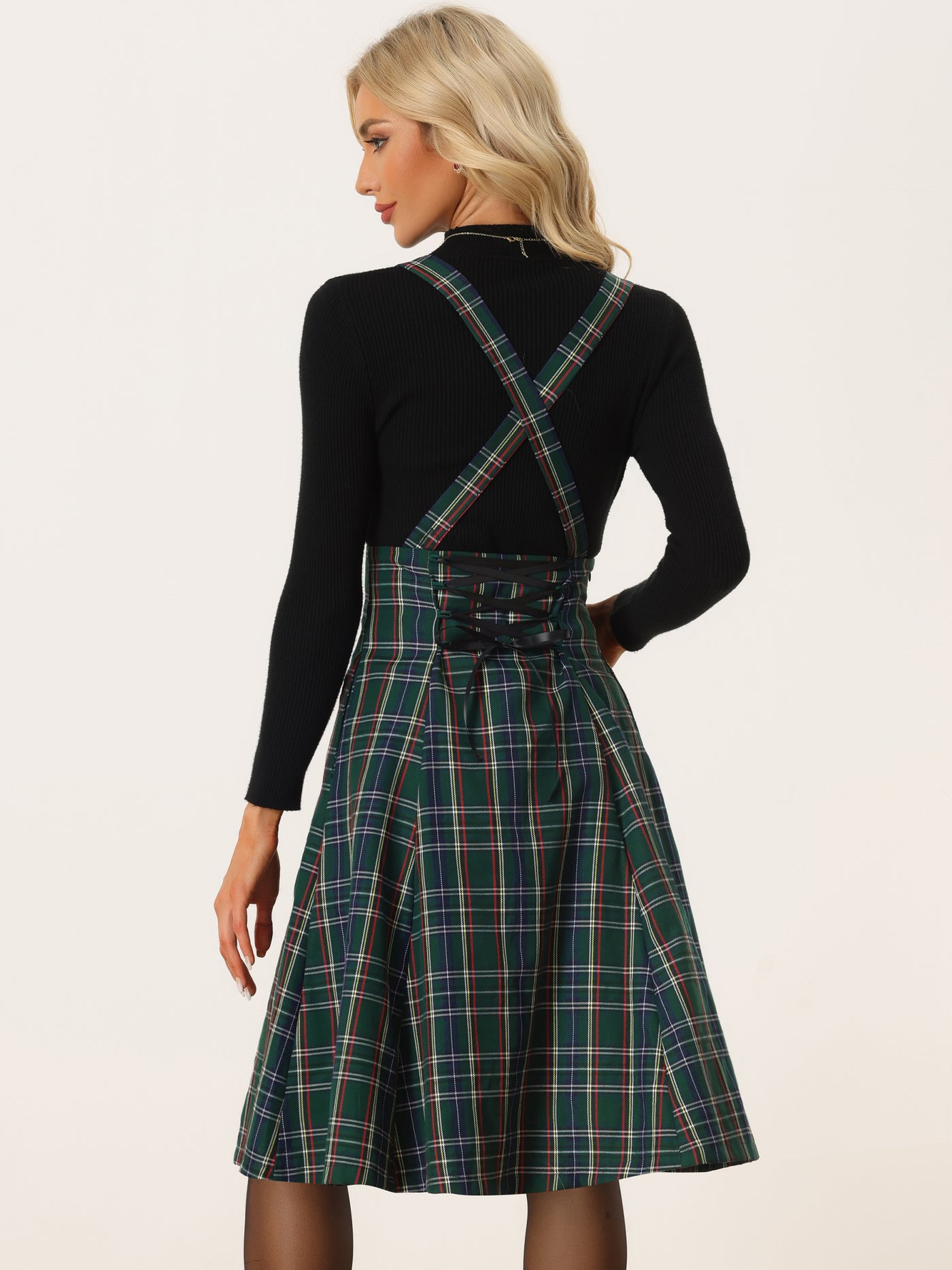 Allegra K Plaid Overall Tartan Pinafore Suspender Midi Skirt