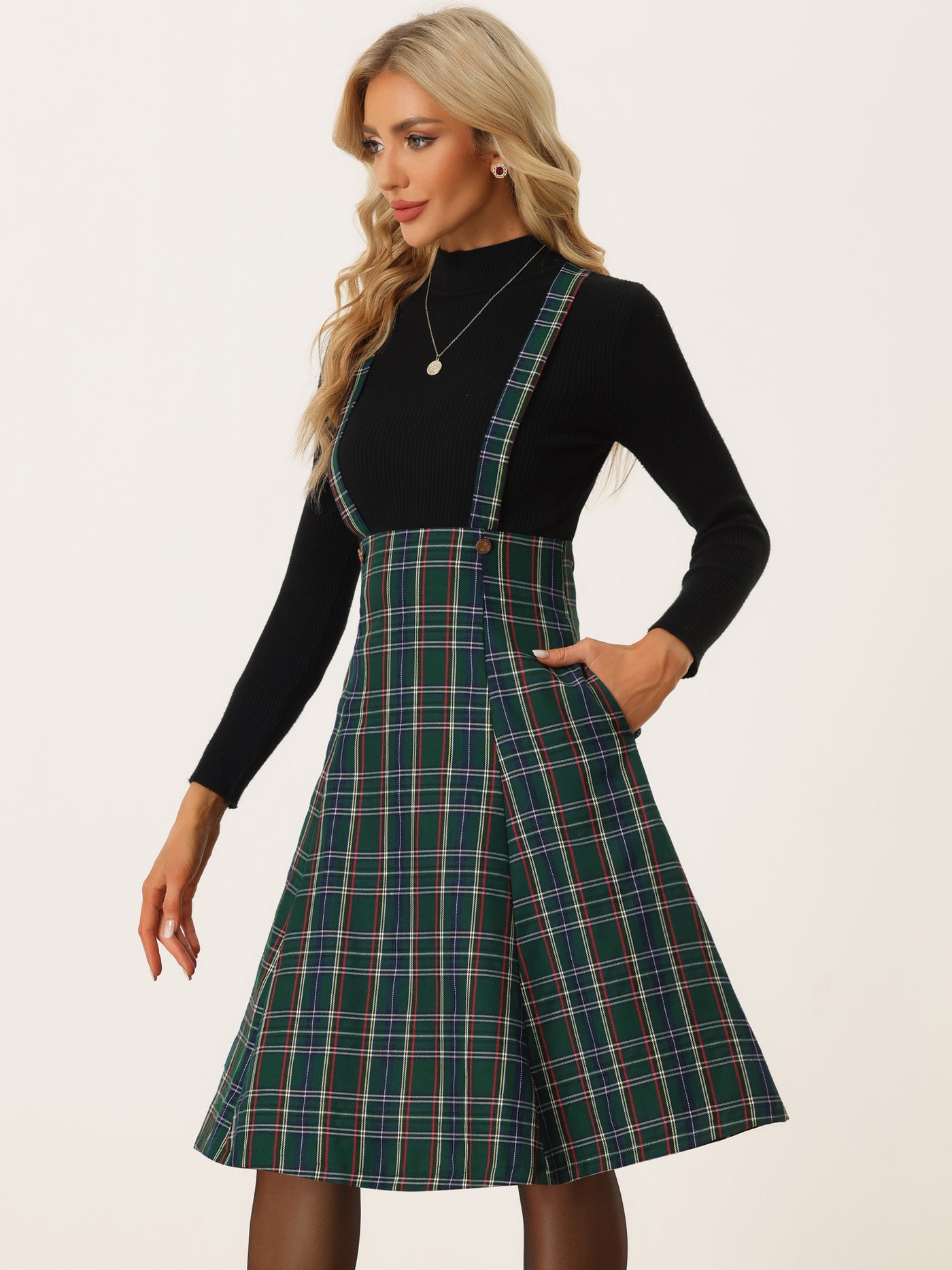 Allegra K Plaid Overall Tartan Pinafore Suspender Midi Skirt