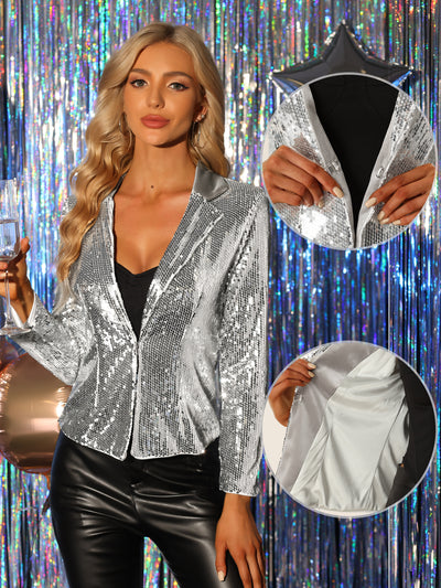 Lapel Collar Sequin Shiny Metallic Cropped Jacket Blazer