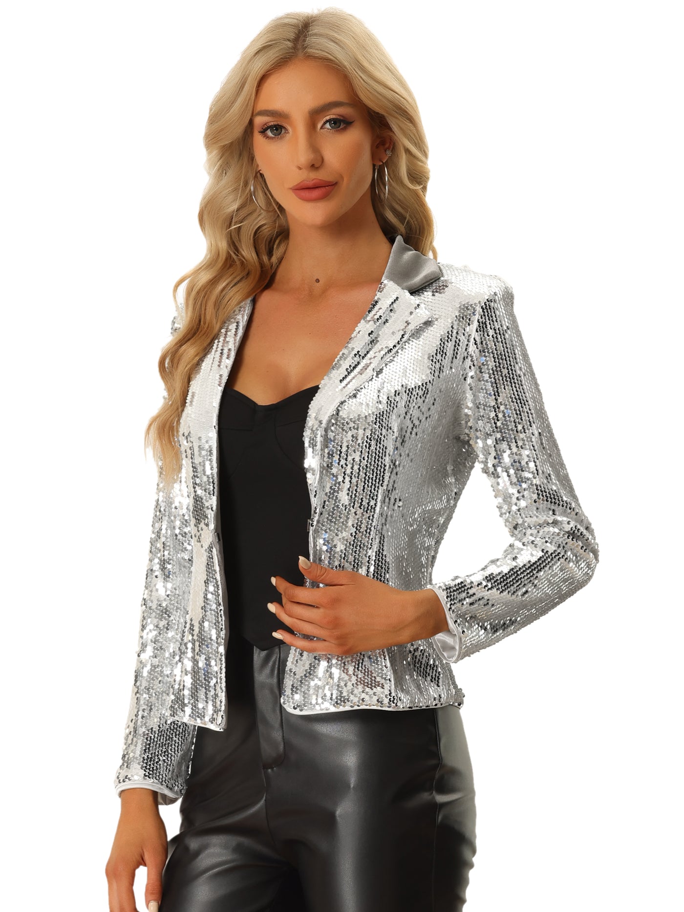 Allegra K Lapel Collar Sequin Shiny Metallic Cropped Jacket Blazer
