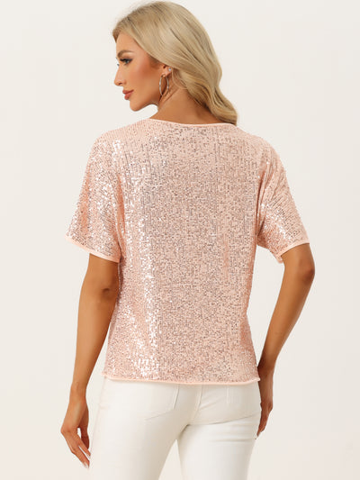Sequin Top Round Neck Short Sleeve Party Clubwear Blouse