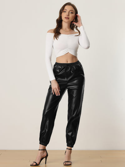Allegra K Faux Leather Pants for Women's Drawstring High Waist Joggers Casual Tapered Trousers