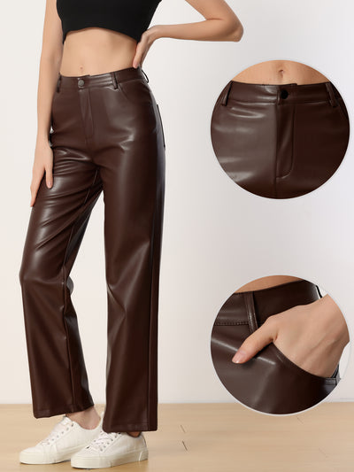 Faux Leather Pants High Waist Straight Leg Casual PU Punk Trousers
