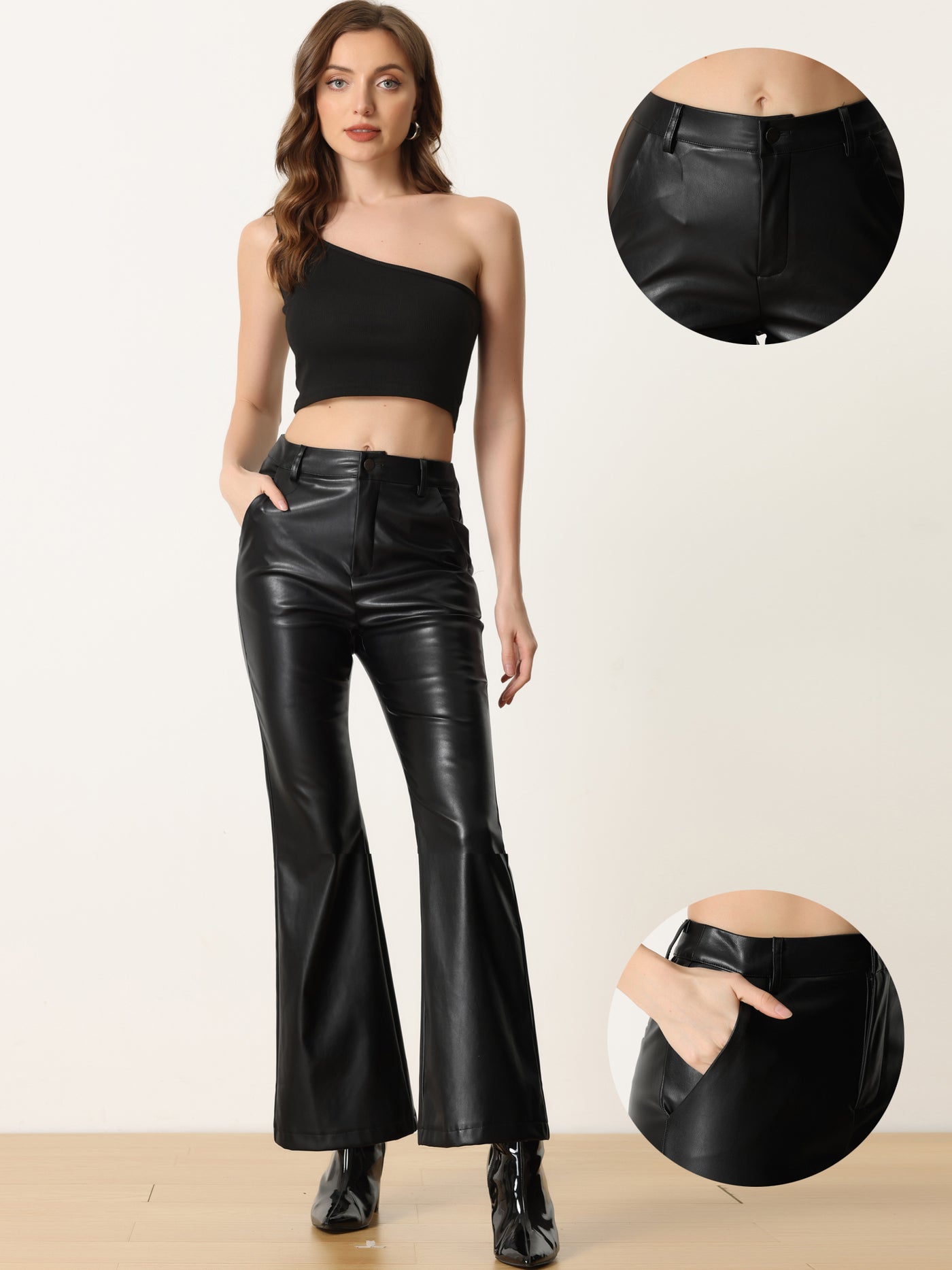 Allegra K Faux Leather Flared Pants for Women's High Waist Bell Bottom PU Trousers