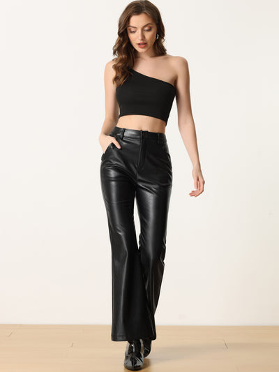 Faux Leather Flared Pants for Women's High Waist Bell Bottom PU Trousers