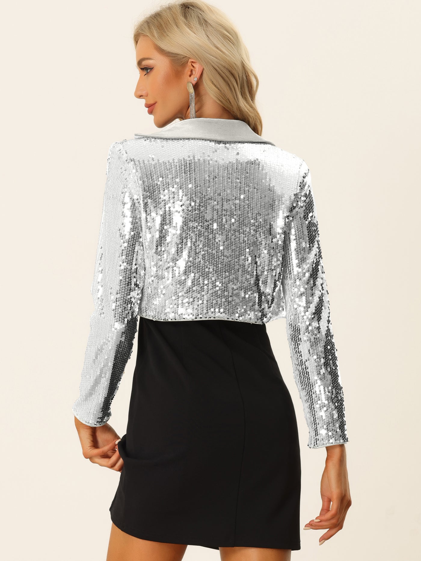 Allegra K Open Front Blazer for Notched Lapel Long Sleeve Sparkly Sequin Jacket