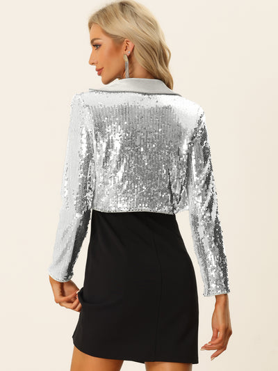 Open Front Blazer for Notched Lapel Long Sleeve Sparkly Sequin Jacket