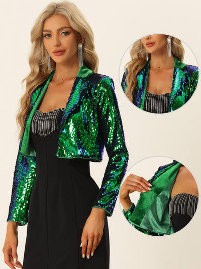 Open Front Blazer for Notched Lapel Long Sleeve Sparkly Sequin Jacket