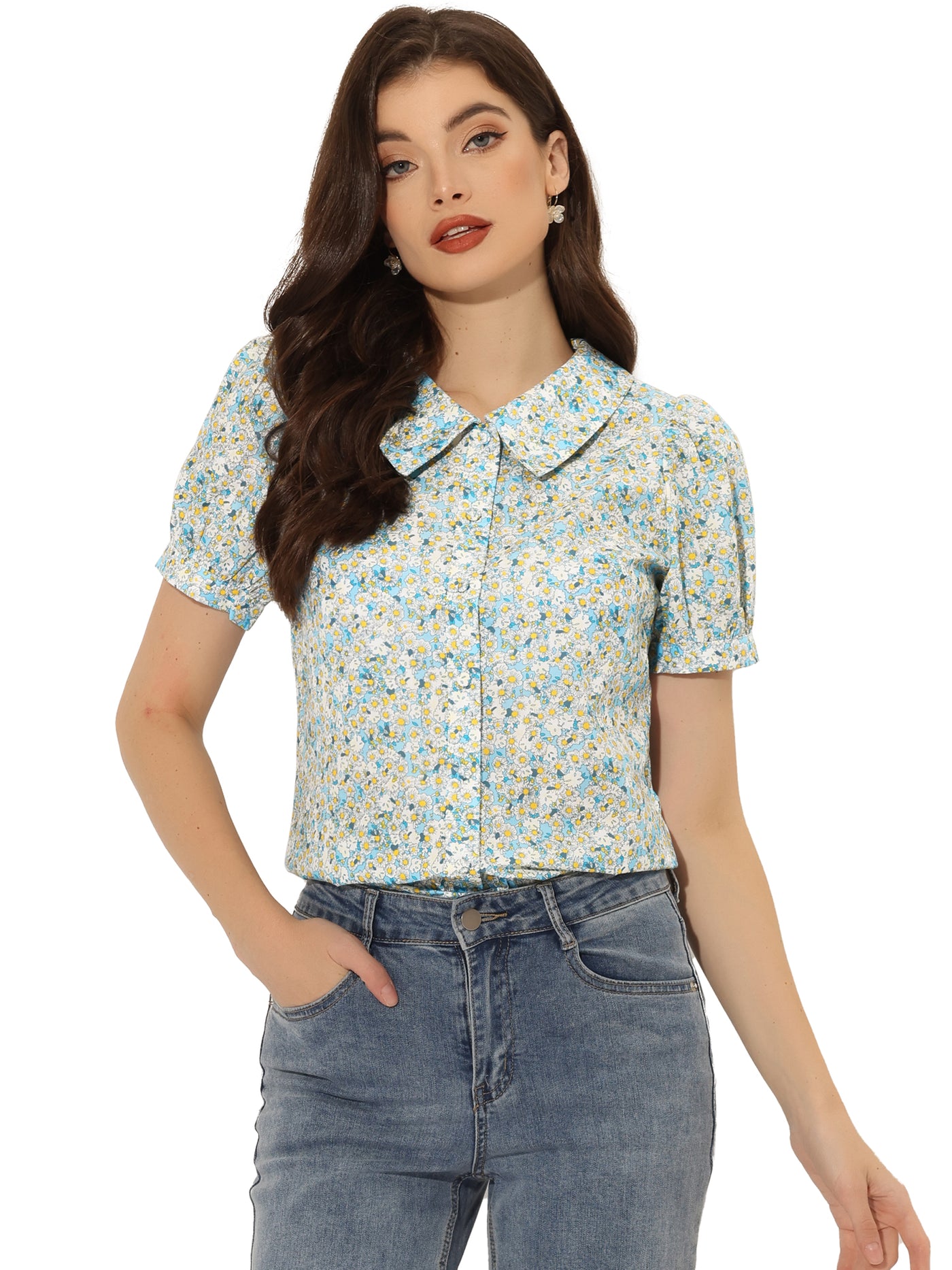 Allegra K Puff Sleeve Shirt Point Collar Top Button Down Floral Blouse