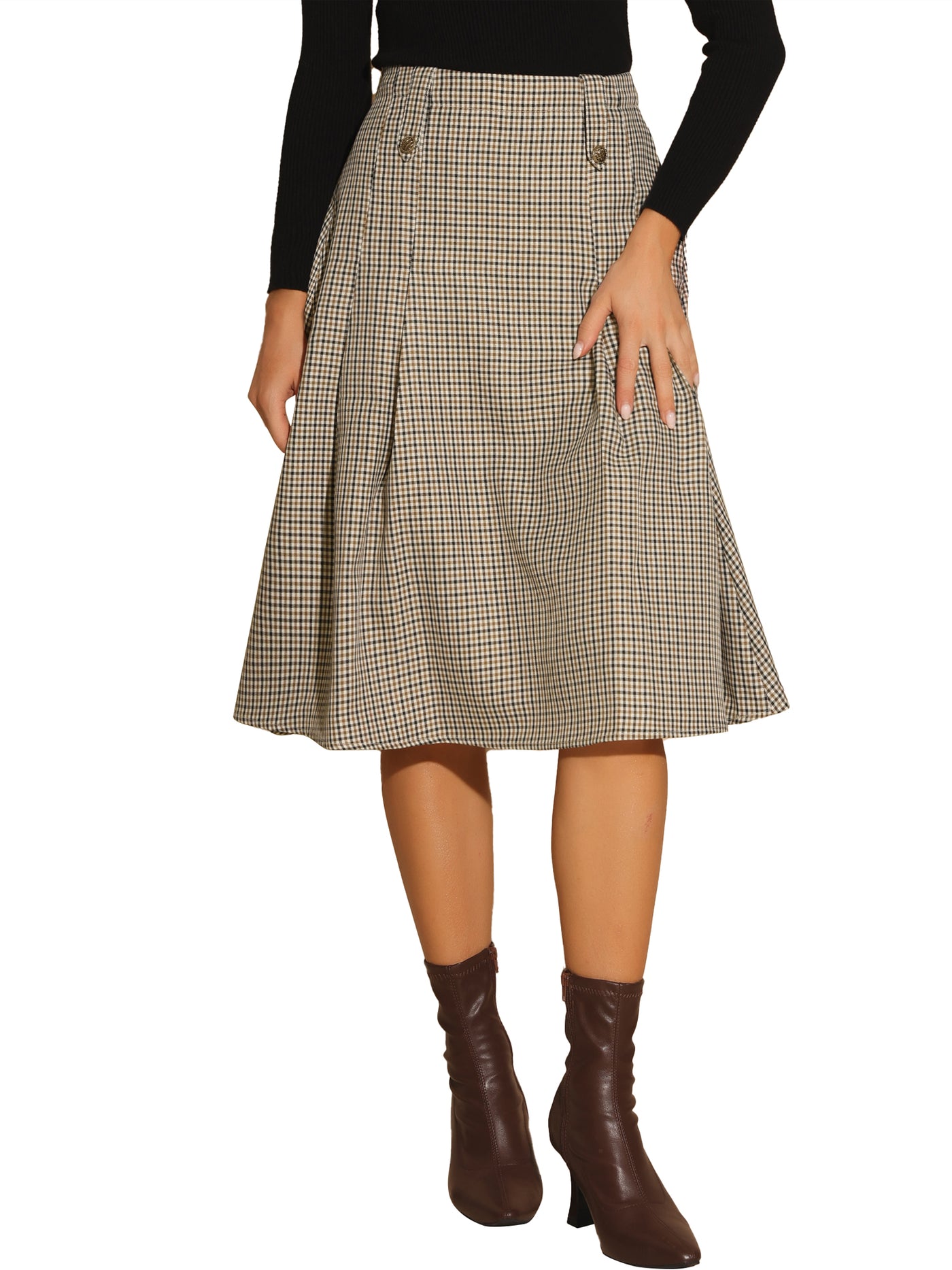 Allegra K Vintage Plaid High Waist Pleated A-Line Midi Skirt