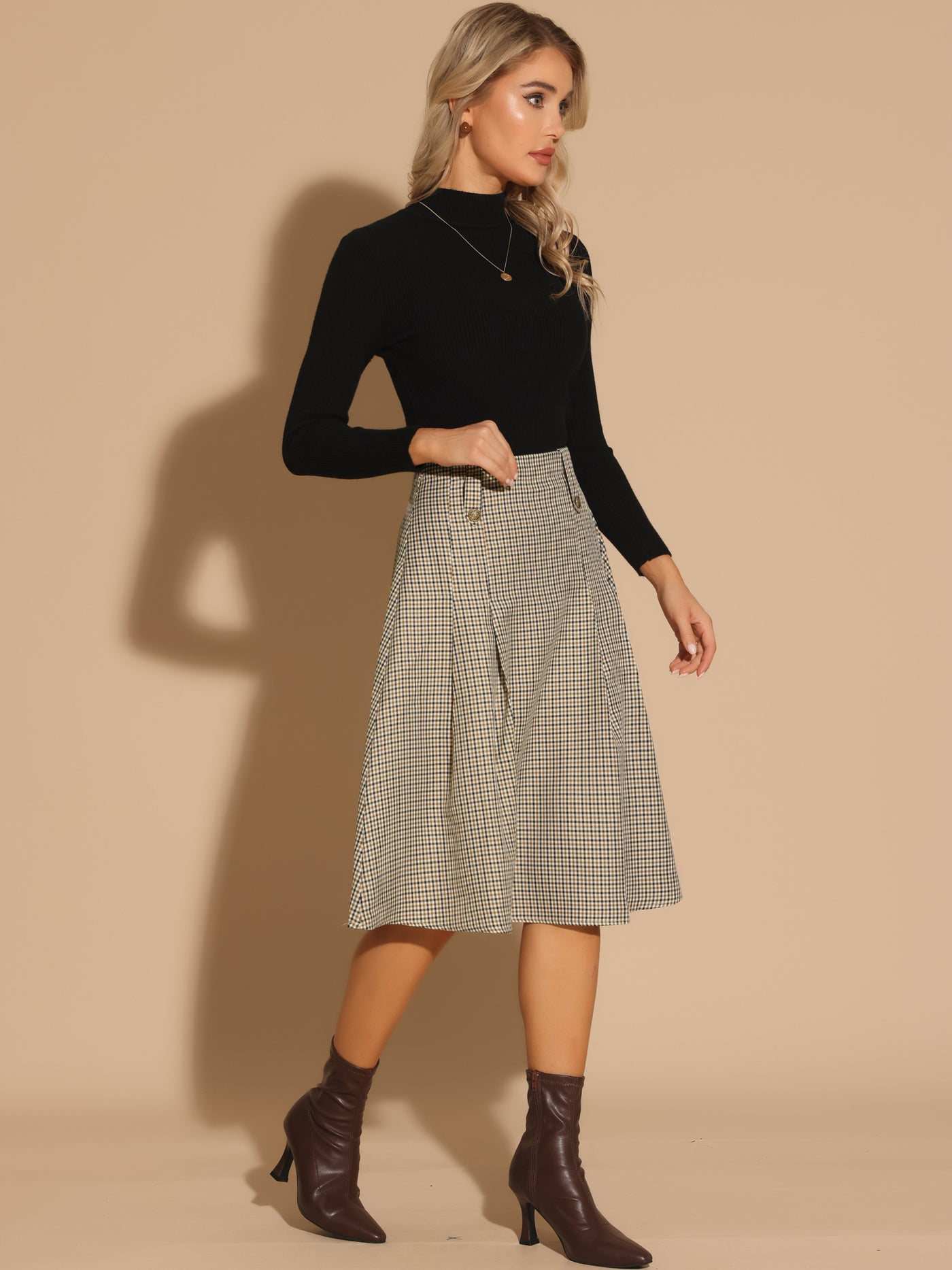 Allegra K Vintage Plaid Skirts for Women's High Waist Pleated A-Line Midi Skirt