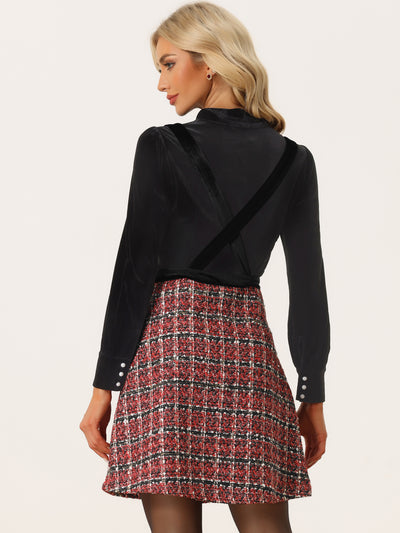 Vintage Tweed High Waist Plaid Strap Braces Overall Suspender Skirt