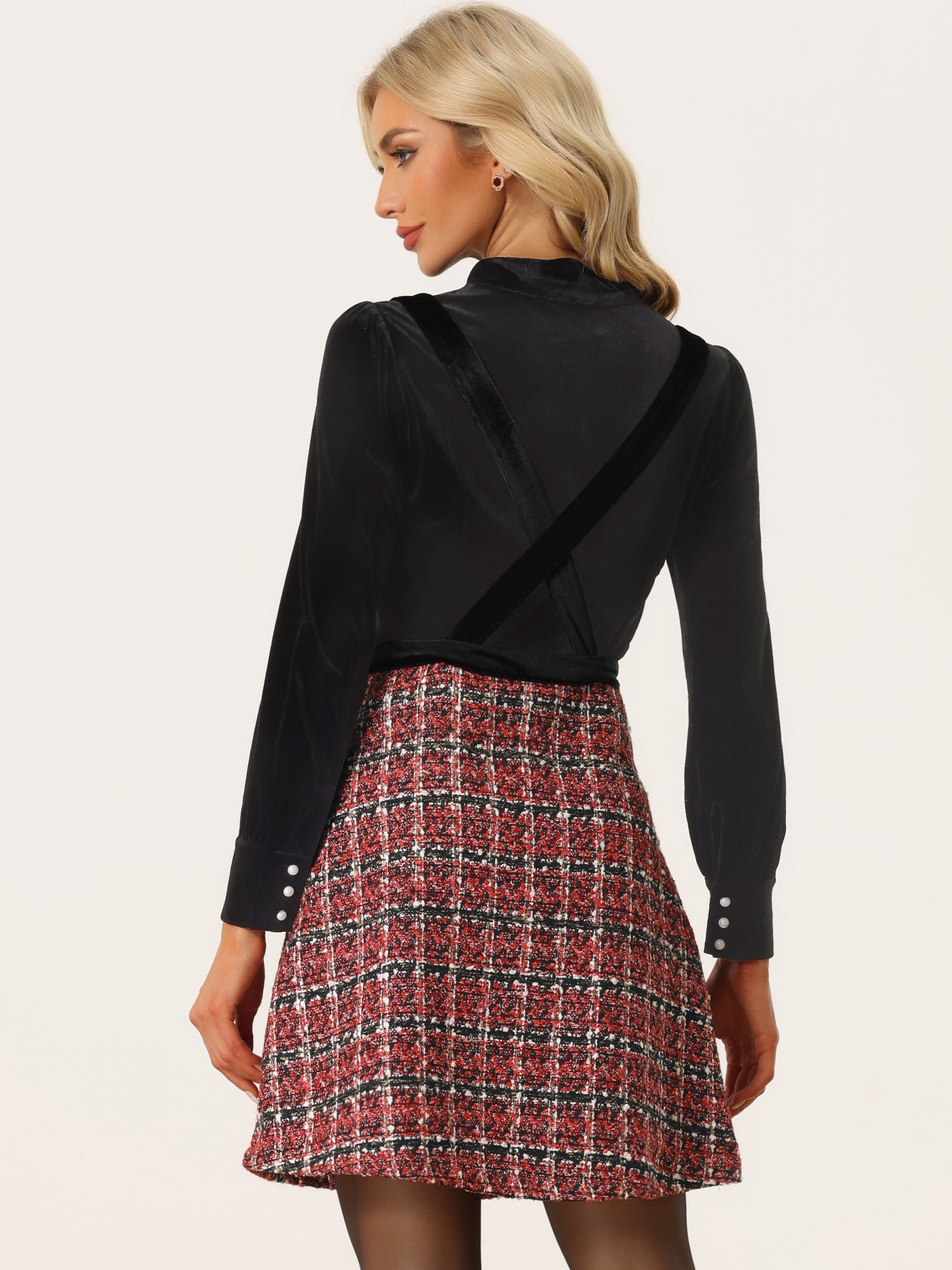 Allegra K Vintage Tweed High Waist Plaid Strap Braces Overall Suspender Skirt