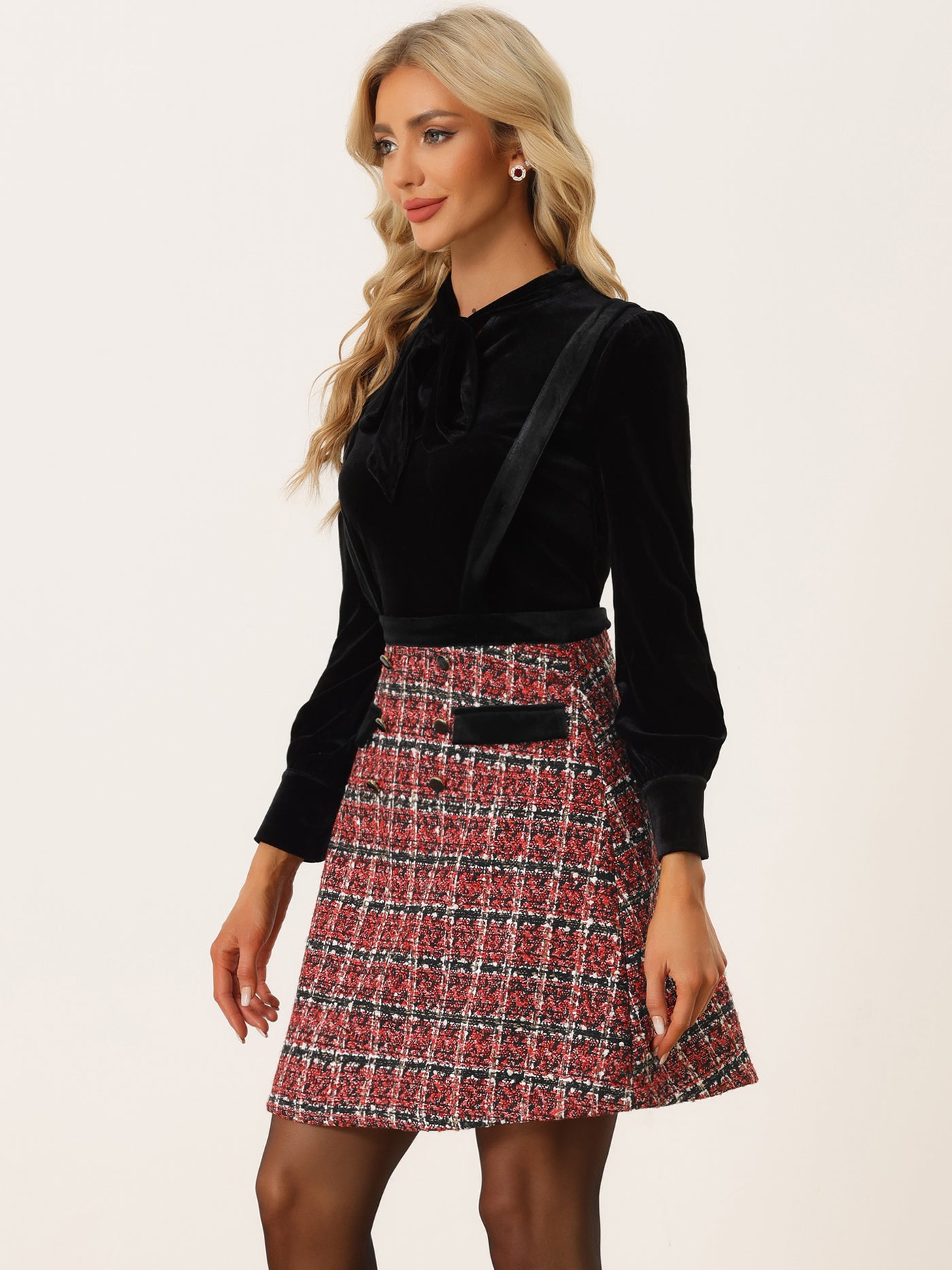 Allegra K Vintage Tweed High Waist Plaid Strap Braces Overall Suspender Skirt
