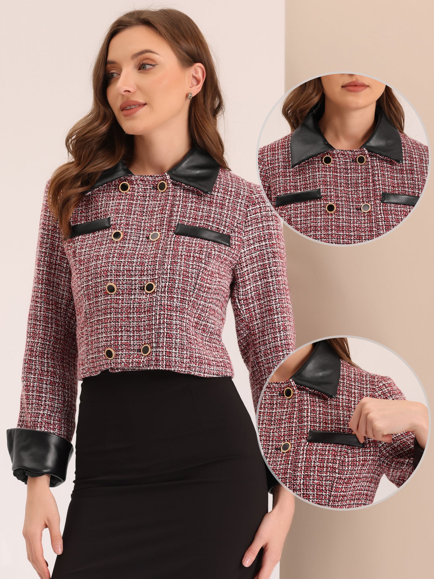 Allegra K Tweed Plaid Contrast Collar Double Breasted Retro Cropped Jacket