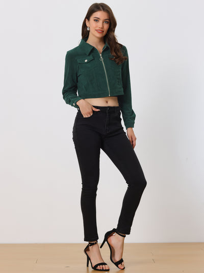 Cropped Corduroy Point Collar Zip Up Casual Short Jacket