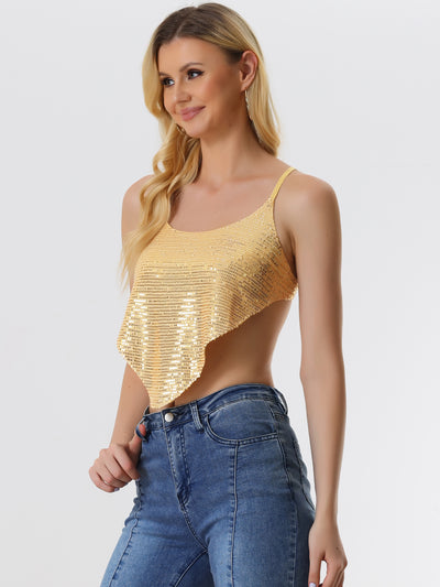 Sequin Spaghetti Straps Criss Cross Backless Party Crop Cami Top