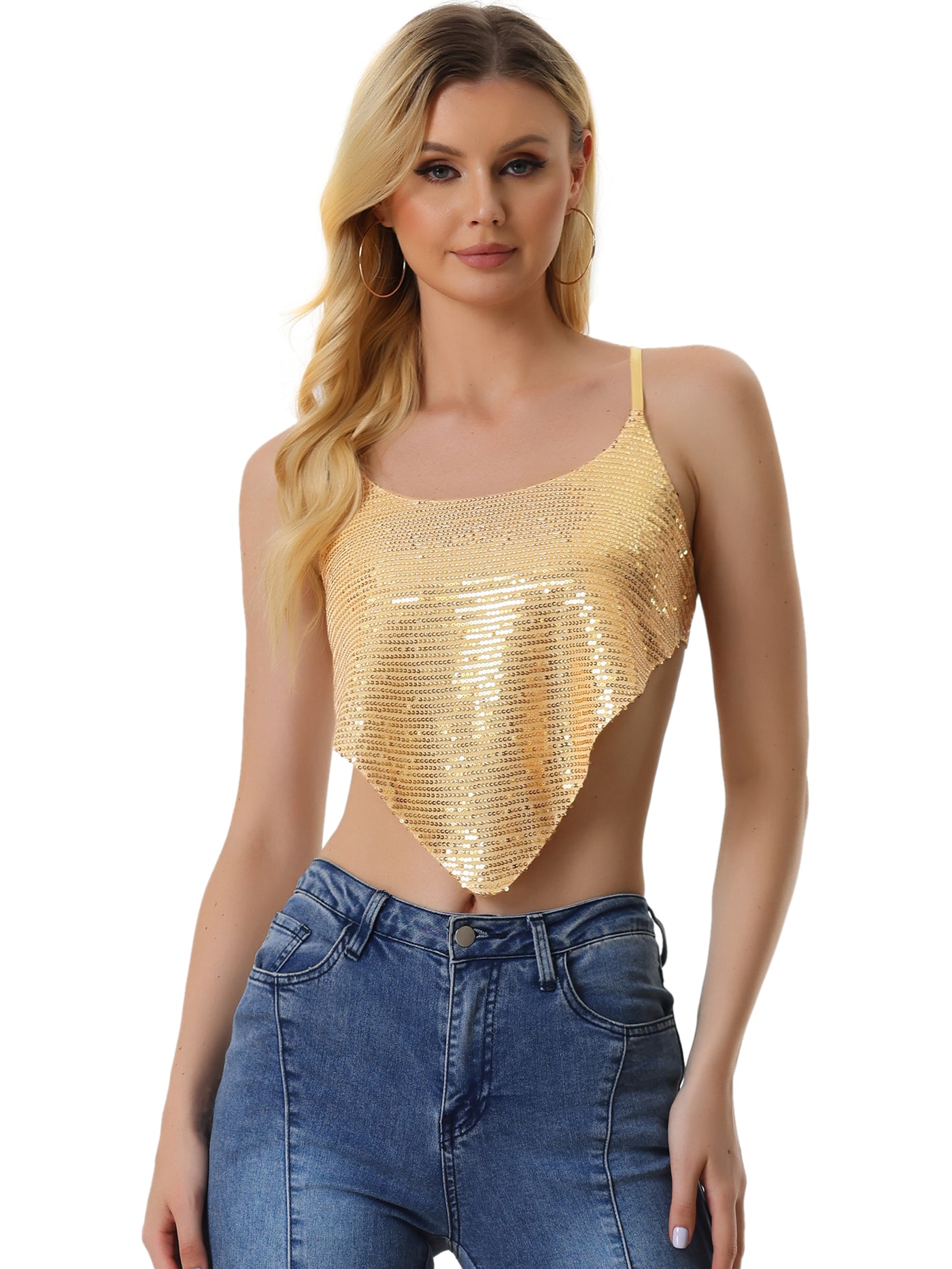 Allegra K Sequin Spaghetti Straps Criss Cross Backless Party Crop Cami Top