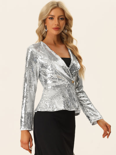 Allegra K Sequin Sparkle Single Button Long Sleeve Party Jacket