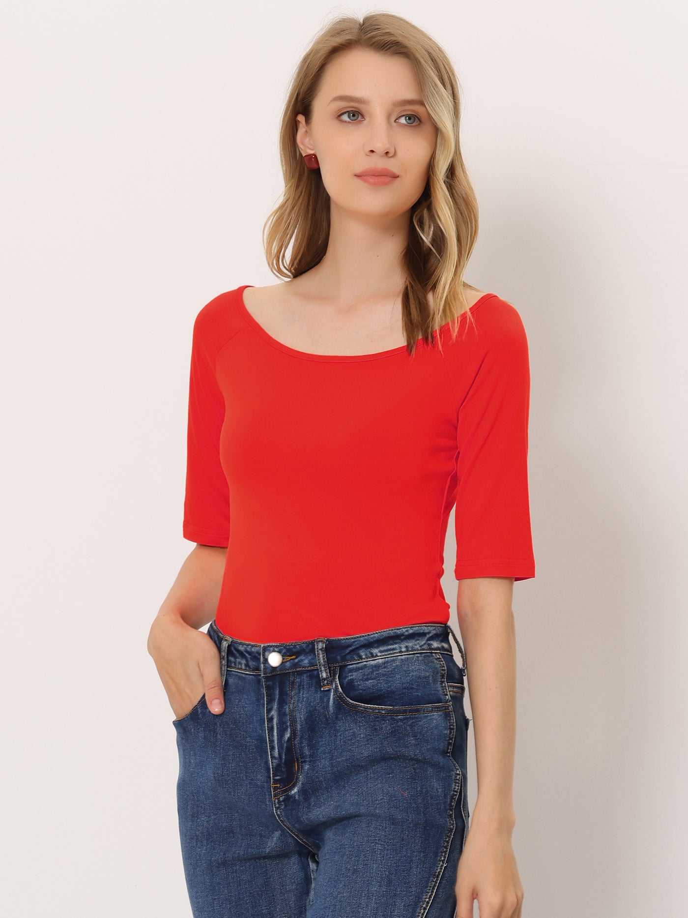 Allegra K Half Sleeves Scoop Neck Fitted Layering Soft T-Shirt