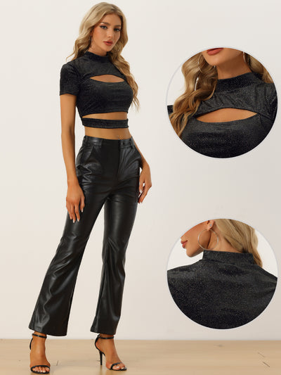 Cut Out Top for Glitter Sparkle Velvet Short Sleeve Fitted Crop Tops