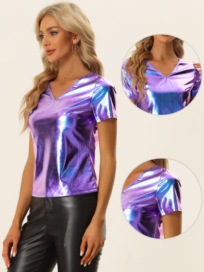 Metallic Tees V Neck Party Clubwear Shiny Top