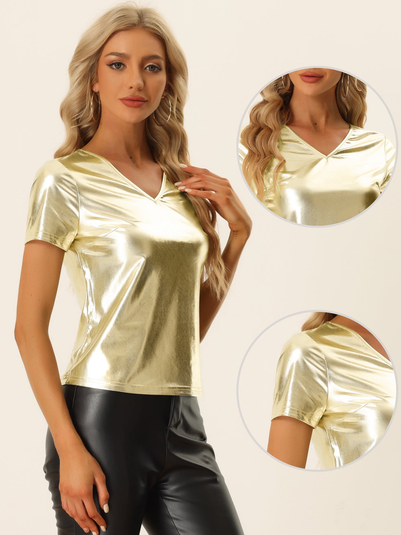 Allegra K Metallic Tees V Neck Party Clubwear Shiny Top