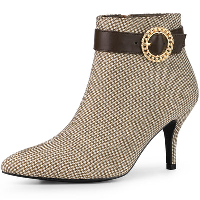 Buckle Plaid Stiletto Heel Houndstooth Ankle Boots