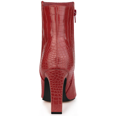 Crocodile Printed Pointed Toe Chunky Heel Ankle Boots