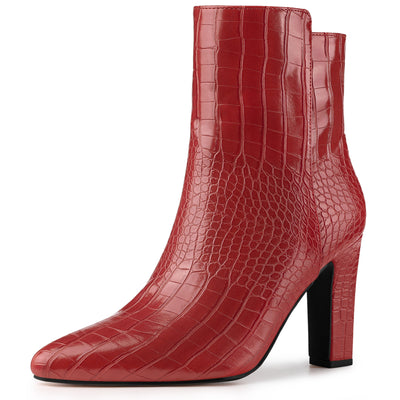 Crocodile Printed Pointed Toe Chunky Heel Ankle Boots