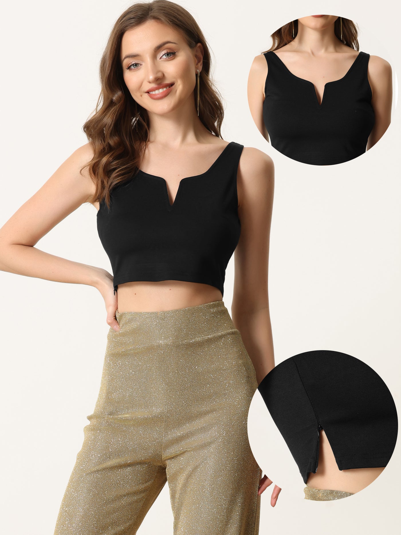 Allegra K Sleeveless Cropped Top for Sexy Deep V Neck Side Zip Casual Tank Tops
