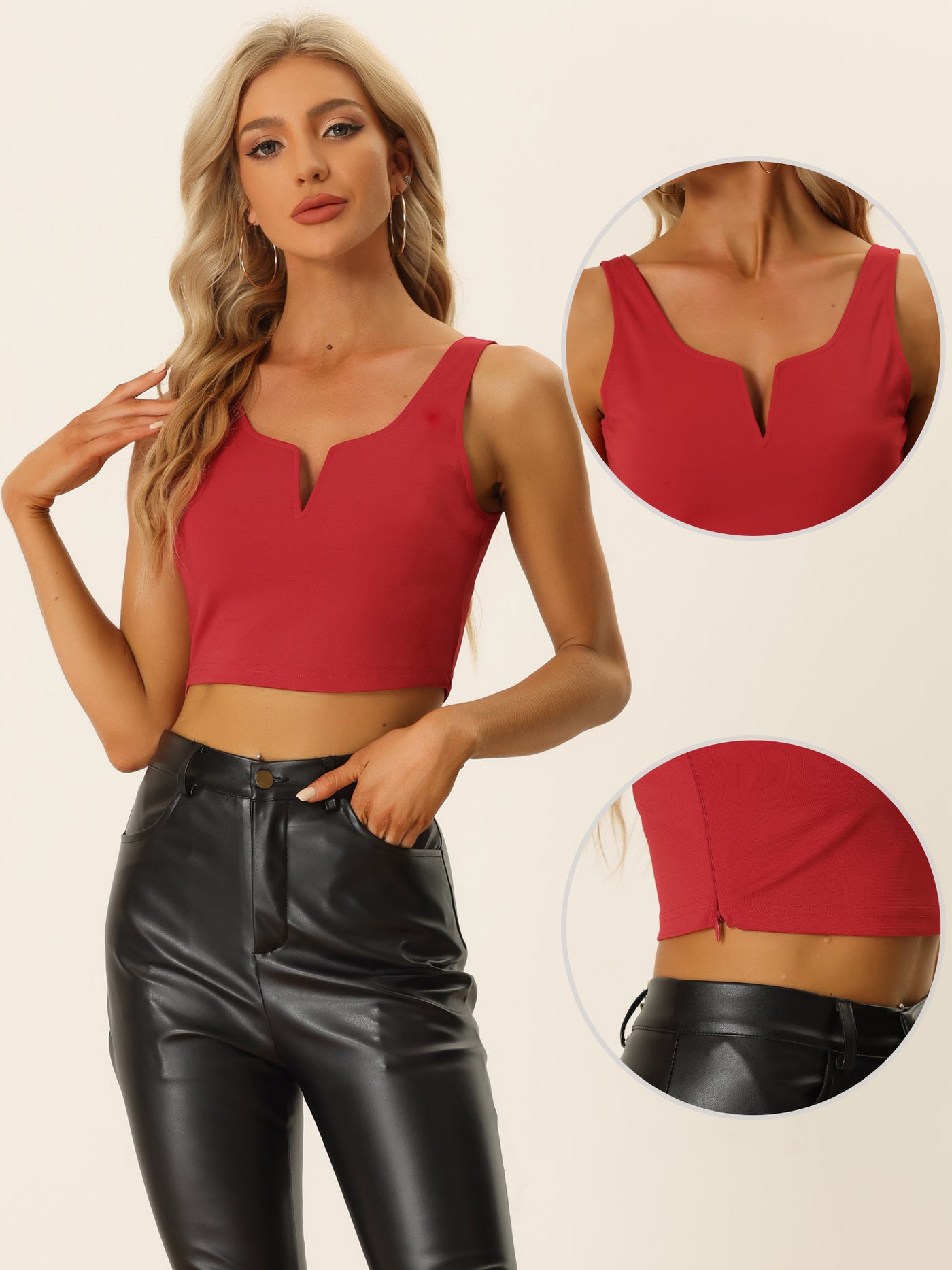 Allegra K Sleeveless Cropped Top for Sexy Deep V Neck Side Zip Casual Tank Tops