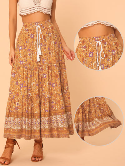 Boho Casual Floral Bohemian Tassels Elastic Waist Maxi Skirt