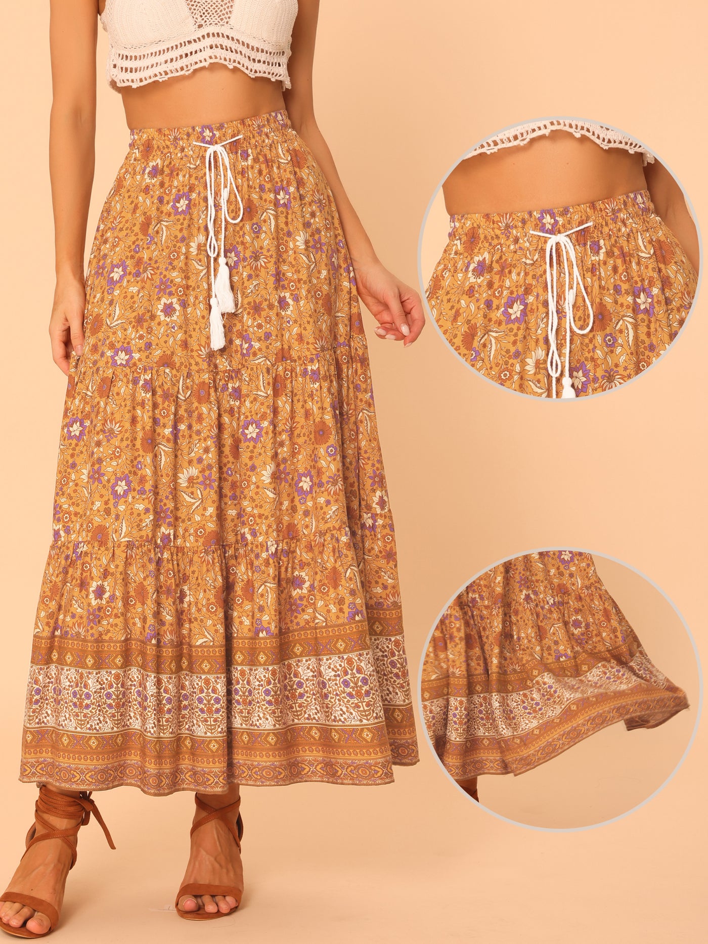 Allegra K Boho Casual Floral Bohemian Tassels Elastic Waist Maxi Skirt