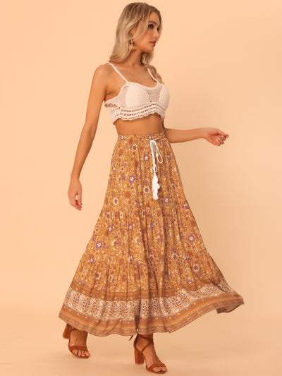 Boho Casual Floral Bohemian Tassels Elastic Waist Maxi Skirt