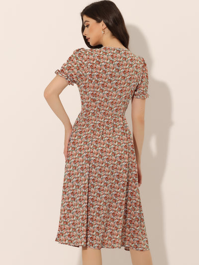 Floral Midi Dress Round Neck Ruffle Sleeve Button Down ShirtDress