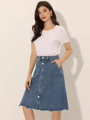 Denim Raw Hem Button Down Midi Jeans Skirt