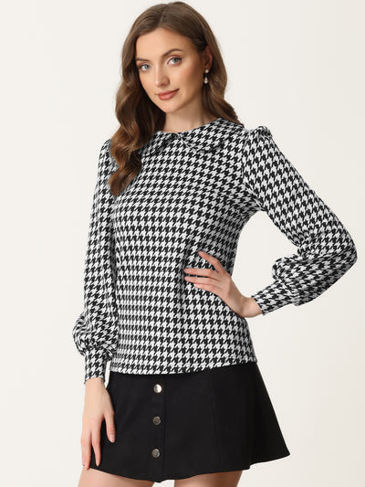 Peter Pan Collar Houndstooth Plaid Long Sleeve Button Back Blouse