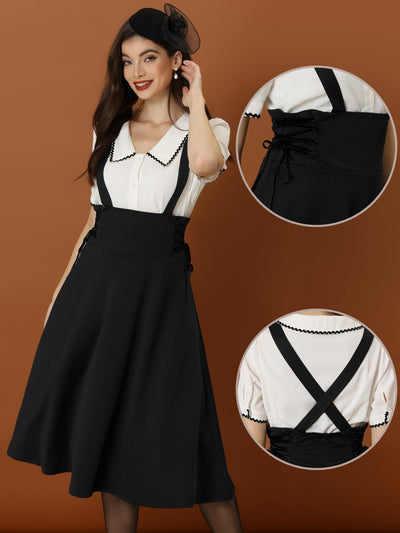 Vintage Overall High Waisted Lace Up Flared Midi Suspender Skirt