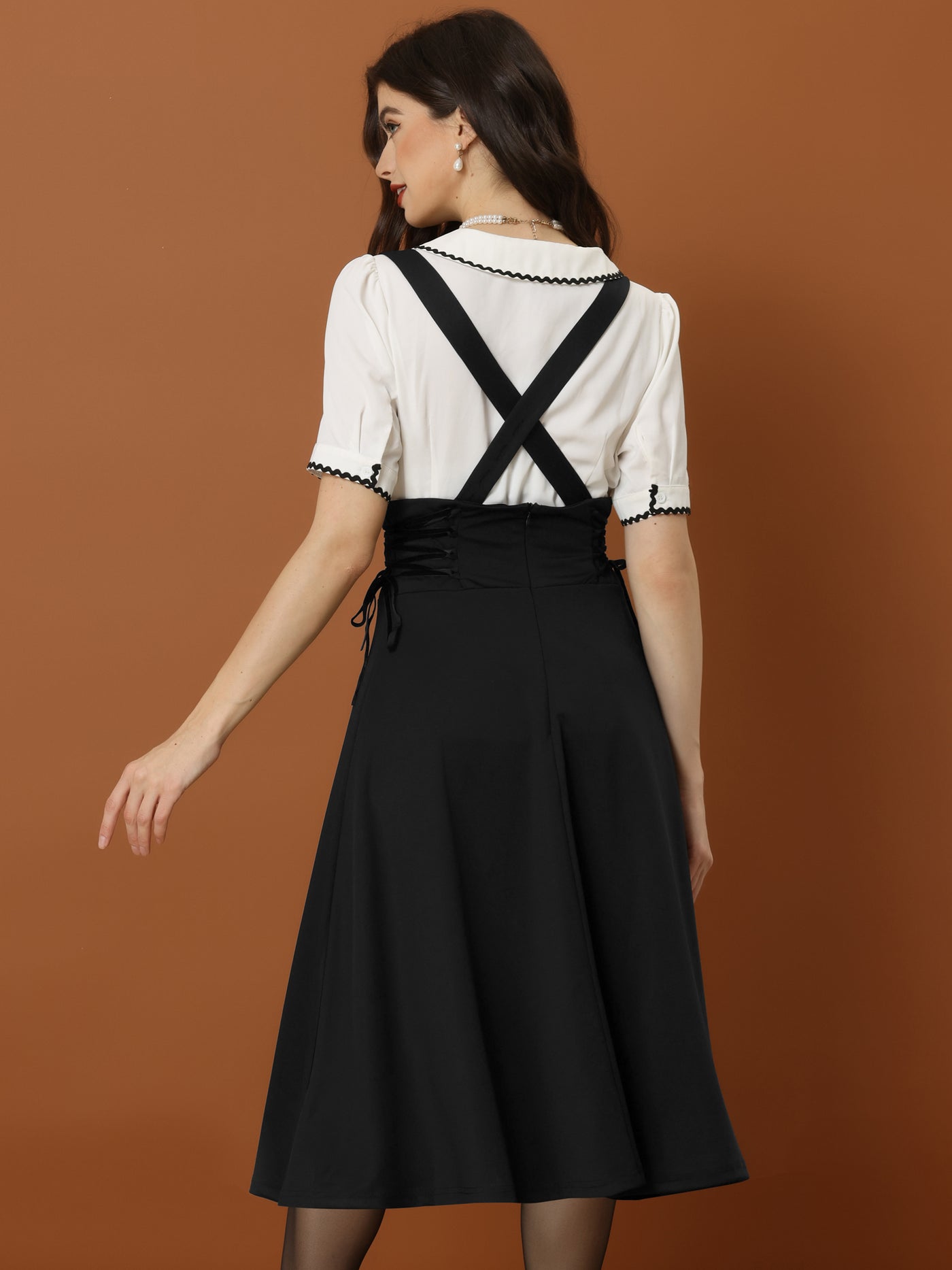 Allegra K Vintage Overall High Waisted Lace Up Flared Midi Suspender Skirt