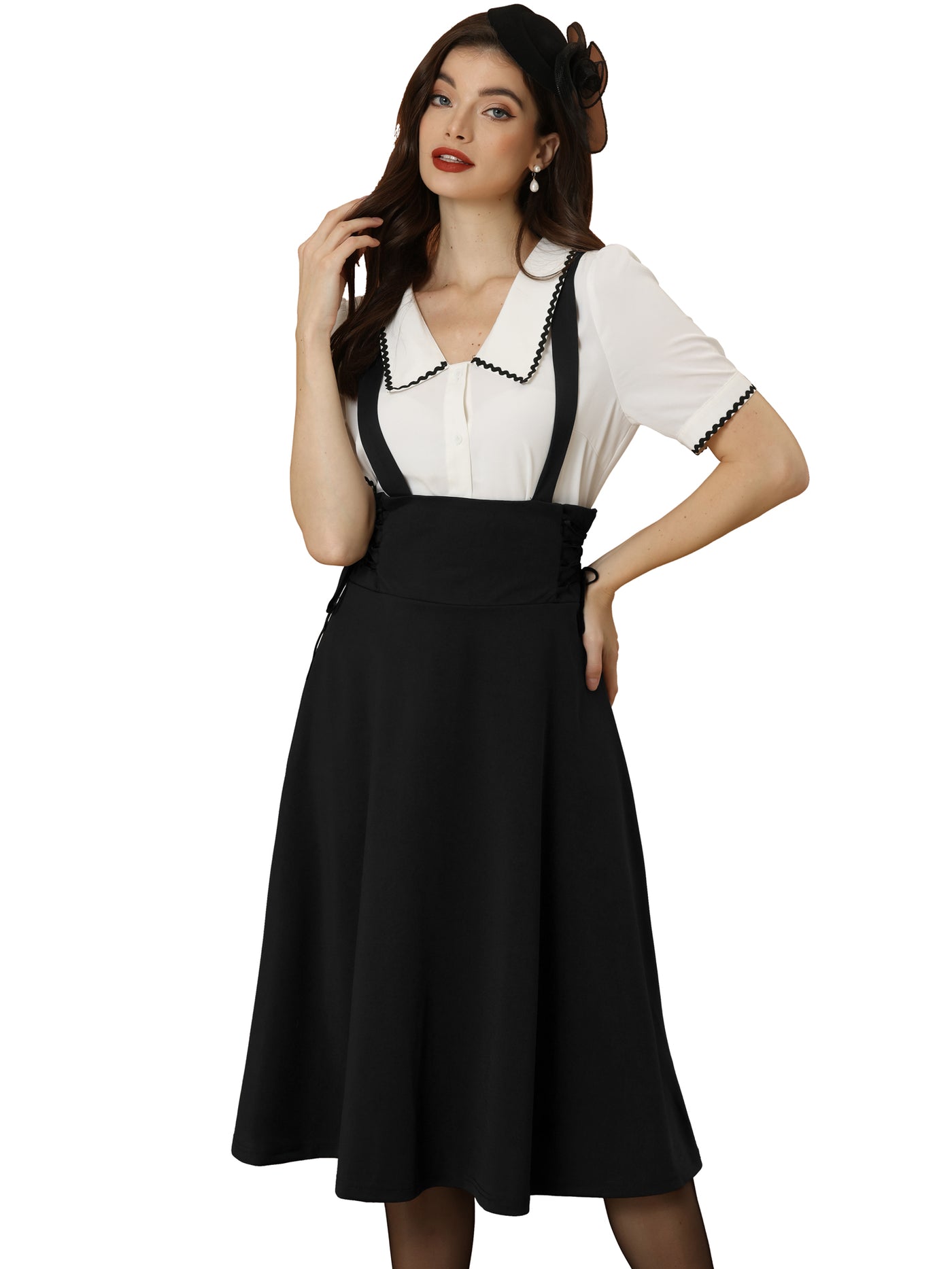 Allegra K Vintage Overall High Waisted Lace Up Flared Midi Suspender Skirt