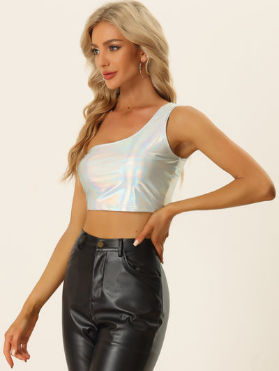 Allegra K Metallic Cropped Top for One Shoulder Party Blouse