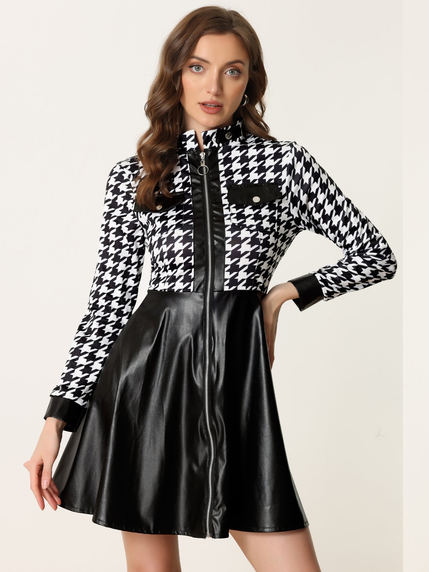 Allegra K PU Faux Leather Houndstooth Patchwork Zipper A-Line Dress