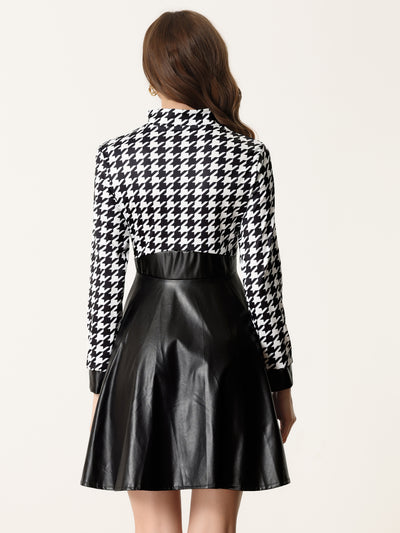 PU Faux Leather Houndstooth Patchwork Zipper A-Line Dress