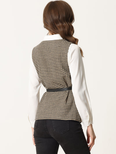 Collarless Open Front Belted Sleeveless Tweed Vest Jacket