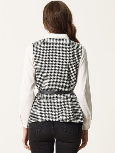 Collarless Open Front Belted Sleeveless Tweed Vest Jacket