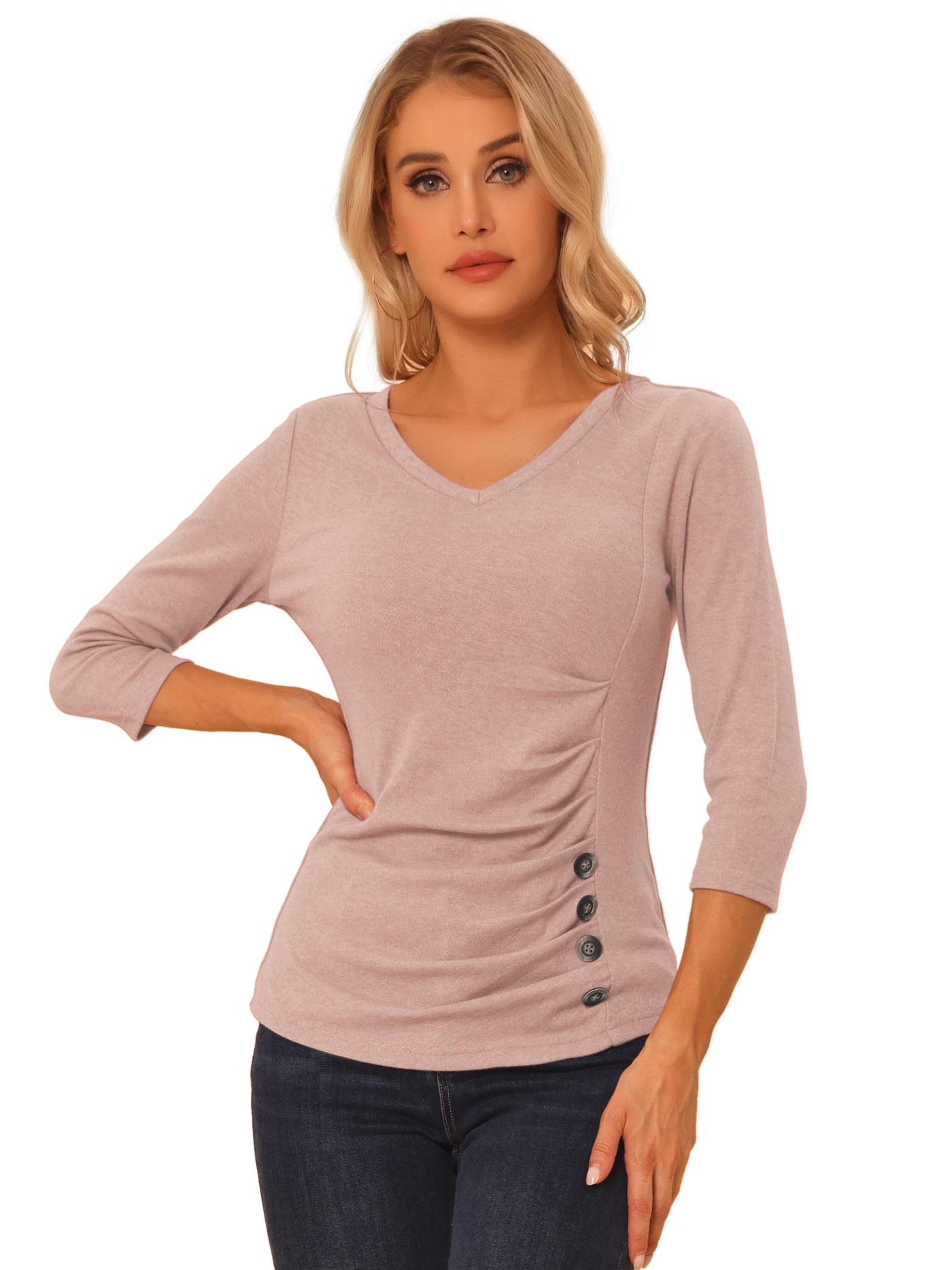 Allegra K V Neck 3/4 Sleeves Solid Knitted Button Decor Ruched Blouse