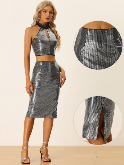 Sparkle Sequin Skirt for Women's Side Slit Party Midi Skirts