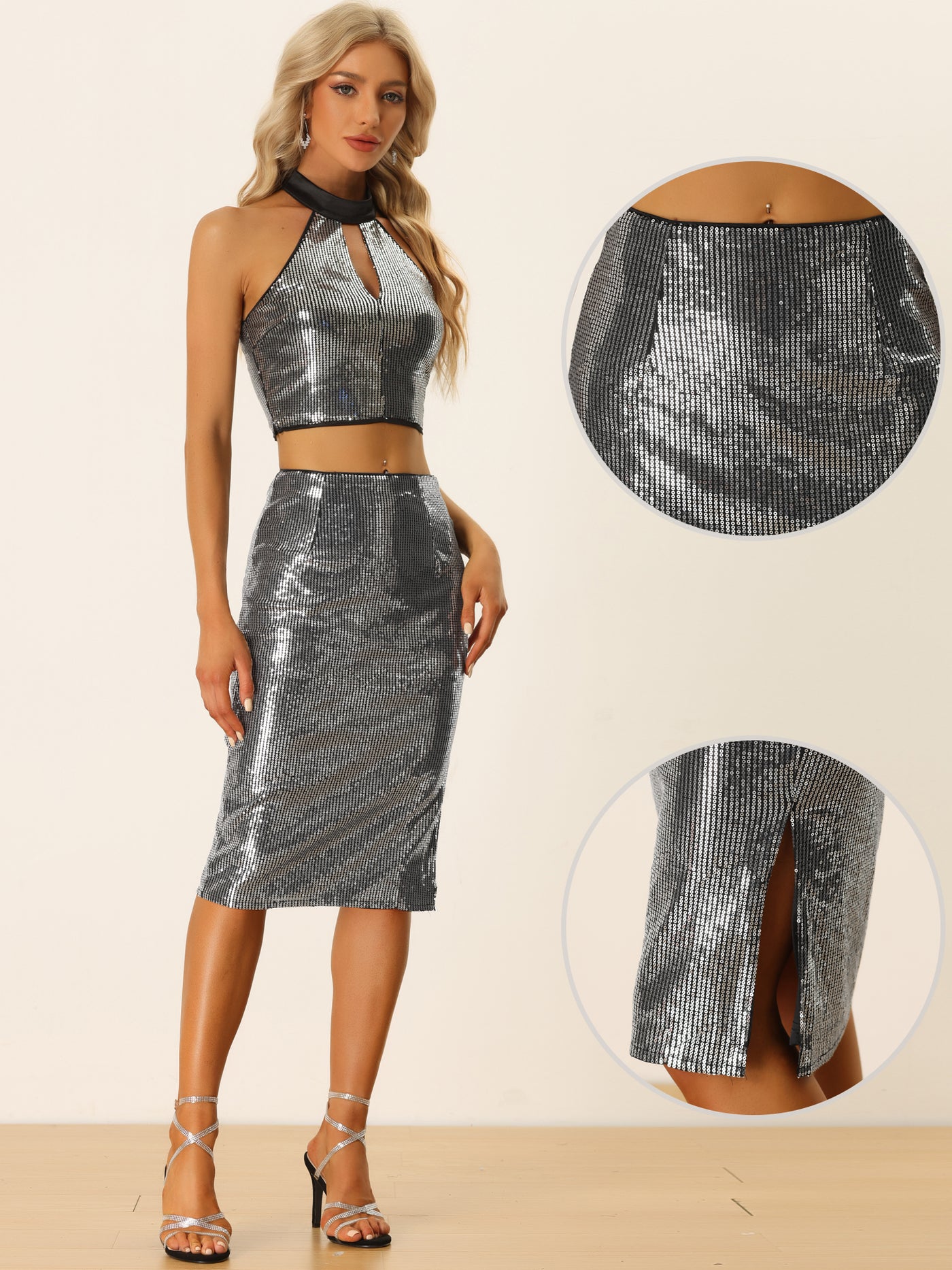 Allegra K Sparkle Sequin Skirt for Women's Side Slit Party Midi Skirts