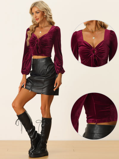 O-Ring Cut Out Sweetheart Neck Long Sleeve Crop Velvet Blouse